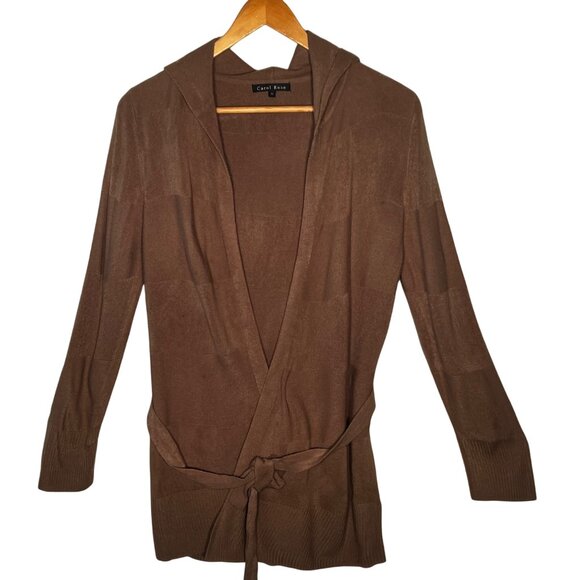 Carol Rose Womens M Brown Hooded Open Front Cardigan Sweater Tie Belt Warm Cozy - Picture 1 of 16